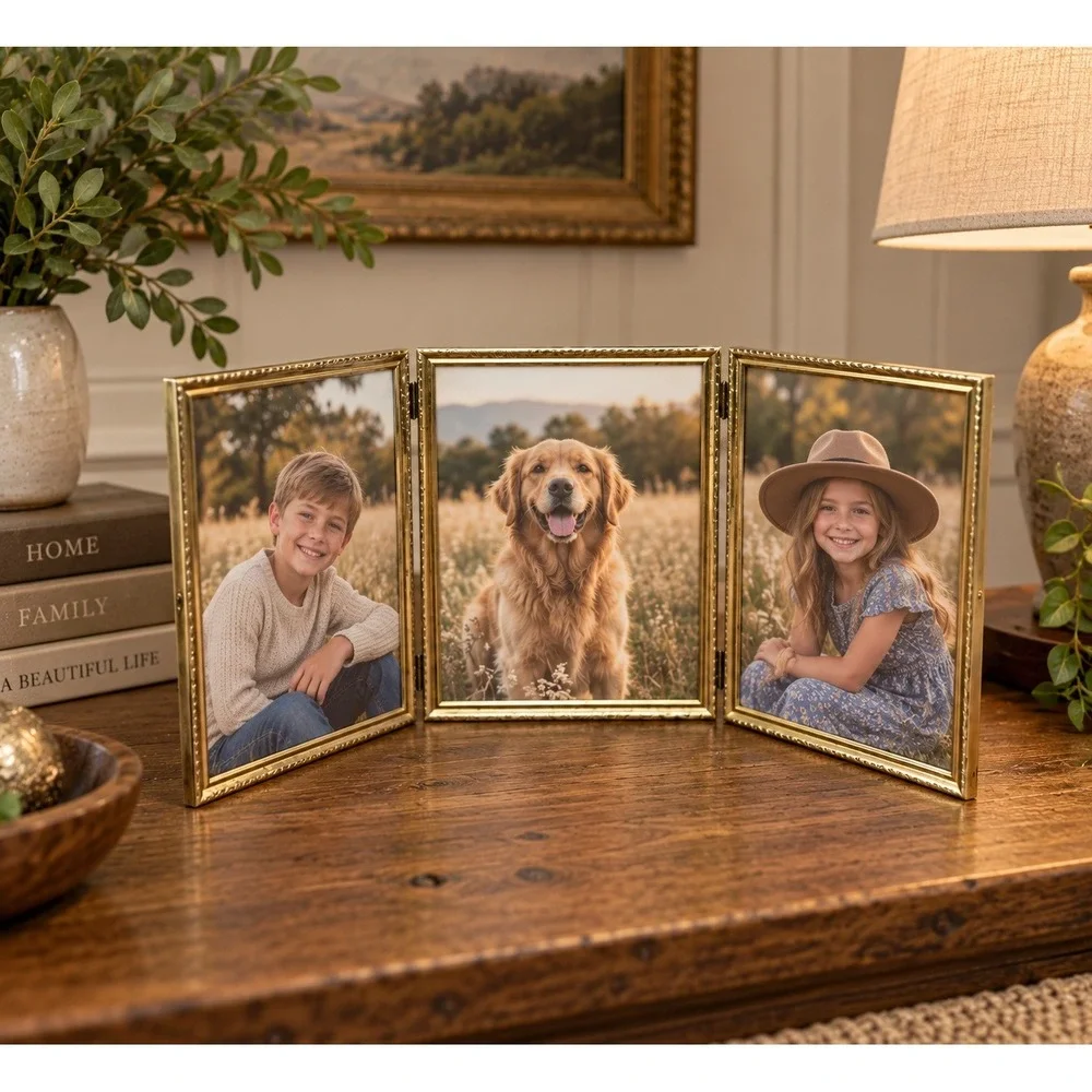 Vintage Triple Folding Picture Frame Gold 8x10 Etched Brass